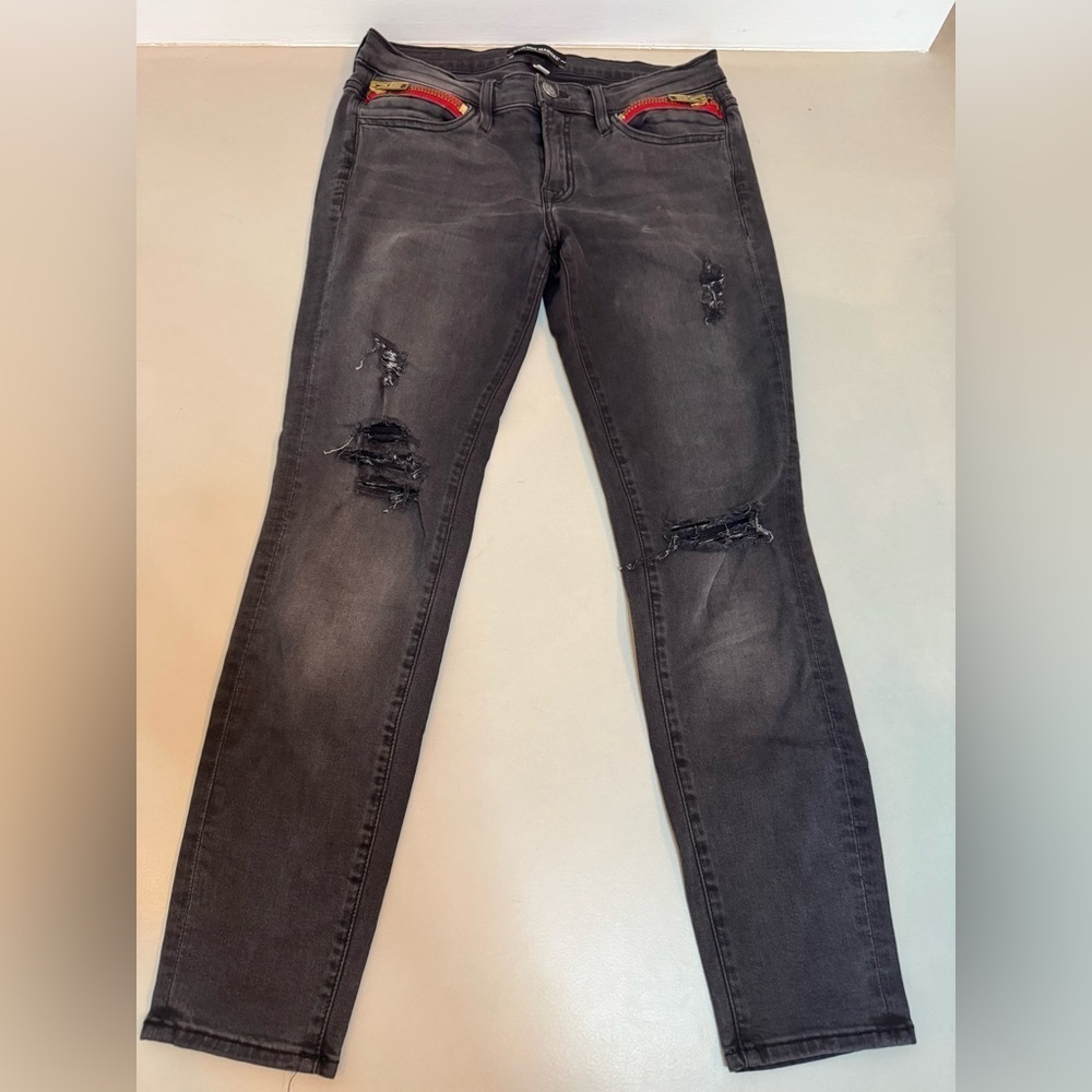 Etienne Marcel Distressed Grey Jeans w/ Red Zipper Detail – Size 29 - Picture 3 of 17